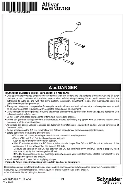 schneider施耐德Instruction sheet ATV31 ATV212 Fan kit VZ3V3105